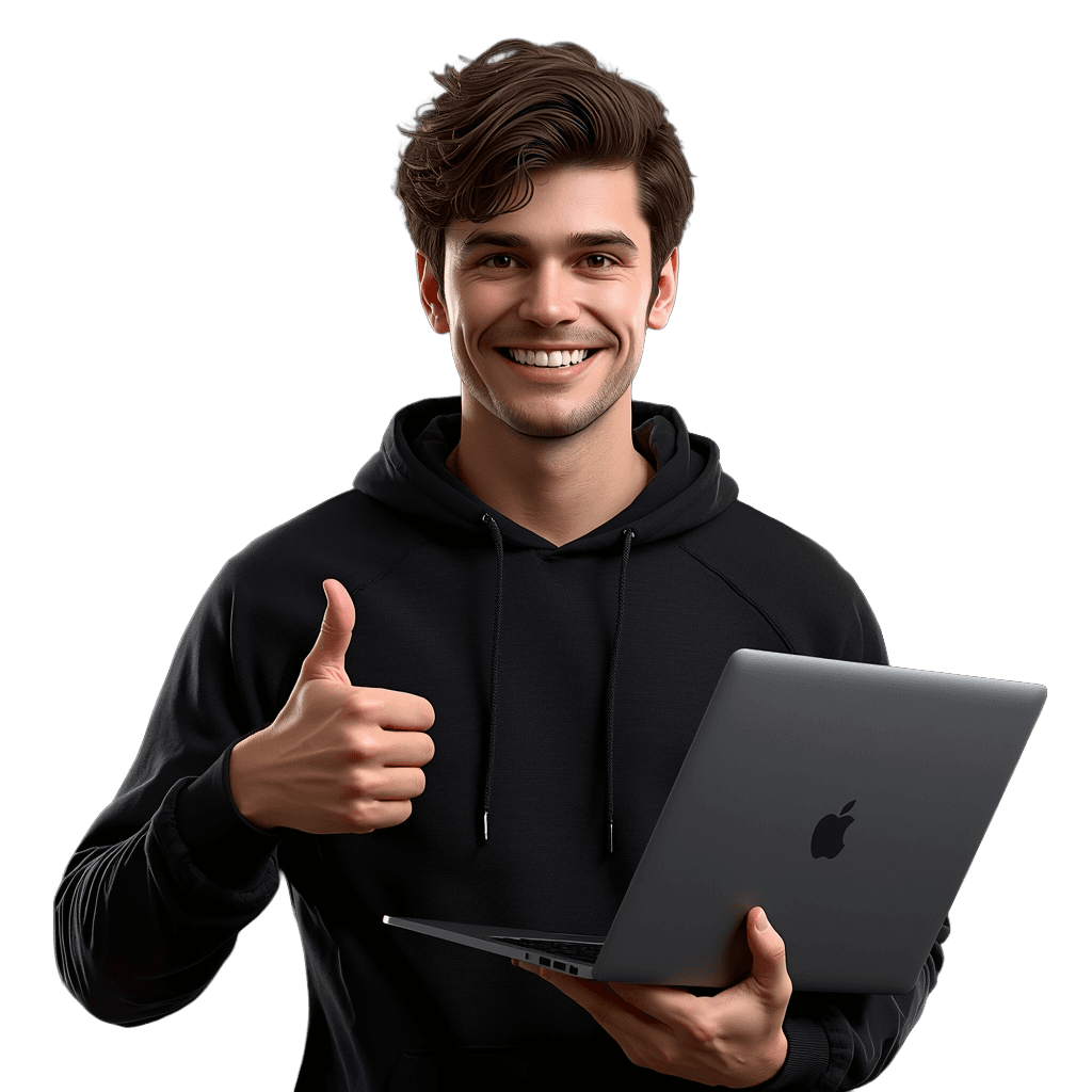 Усміхнений студент-програміст у чорному худі з ноутбуком і жестом «усе ок» — ZDAIVSE